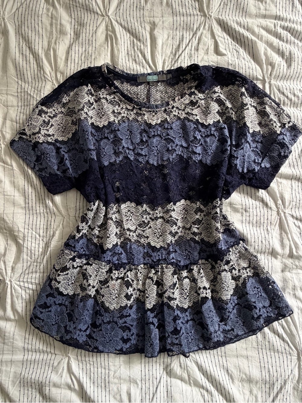 Anthropologie Eva Franco Navy and Cream Lace Peplum Tunic
